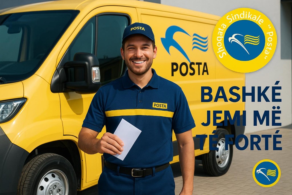 Punonjës i Postës së Kosovës me uniformë dhe zarf, para furgonit të verdhë — slogan «Bashkë jemi më të fortë» dhe logo e Shoqatës Sindikale Posta.